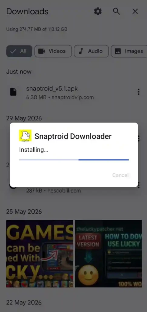 Snaptroid APK v5.1 installing 